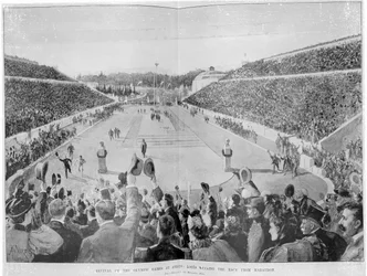 Wiederbelebung der Olympischen Spiele in Athen: Loues gewinnt das Rennen von Marathon, 10. April 1896